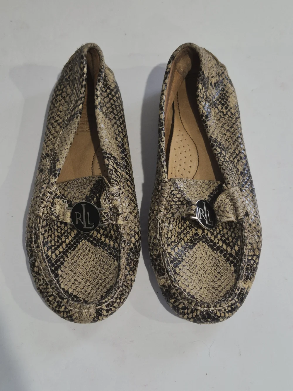 Ralph Lauren Snake-Print Driving Loafers in Beige